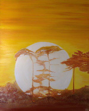 Oil on canvas dimensions 18x24 inches view of setting sun bridgeing across the tree tops