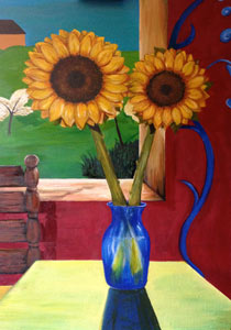 Oil on canvas dimensions 24x36 inches, Santa Cruz Sunflowers at the table by the window.