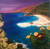 Acrylic on canvas dimensions 16x16 inches view of Big Sur coast with native Mexican cactus and vanilla orchids